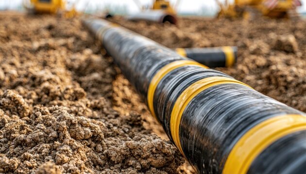 Black pipeline with yellow stripes laid on brown earth at a construction site