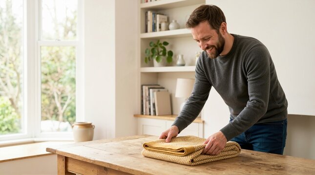 Happy man folding a yellow throw blanket on a rustic wooden table. Homeowner organizing cozy living room interior