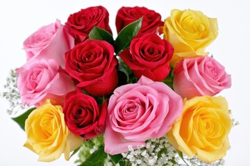 Naklejka premium Bouquet of ten fresh roses in red pink and yellow with green leaves and baby's breath