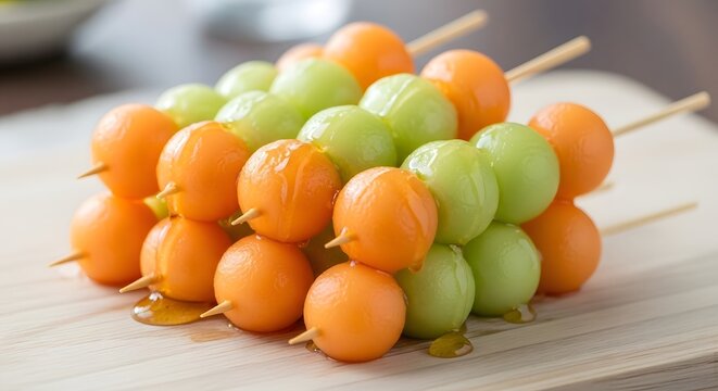 Refreshing Melon Ball Skewers with Cantaloupe and Honeydew.