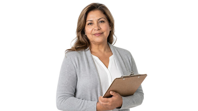 Professional Mature Hispanic Woman Holding Clipboard Isolated on Transparent Background