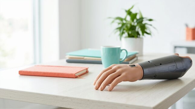 Prosthetic arm with myoelectric hand resting on an office desk. Modern bionic limb technology in a bright workspace