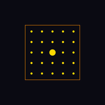 Abstract minimalist yellow dot matrix pattern featuring large central point on dark black background illustration
