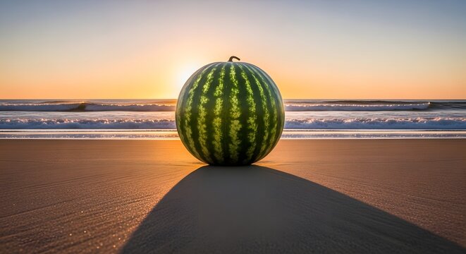 Watermelon on a Sandy Beach at Sunset with Ocean Waves in the Background.