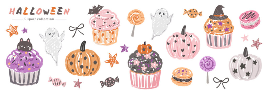 Hand-painted cute doodle-style Halloween vector clipart set with cupcakes, macarons, and candy for banner, poster, card and stickers