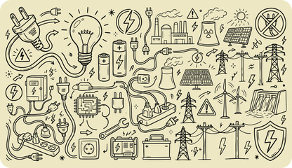 Electric energy and power industry concept doodle set with hand drawn electricity industry electrical lightbulb technology infrastructure generator transmission sustainable renewable © Kanon Islam