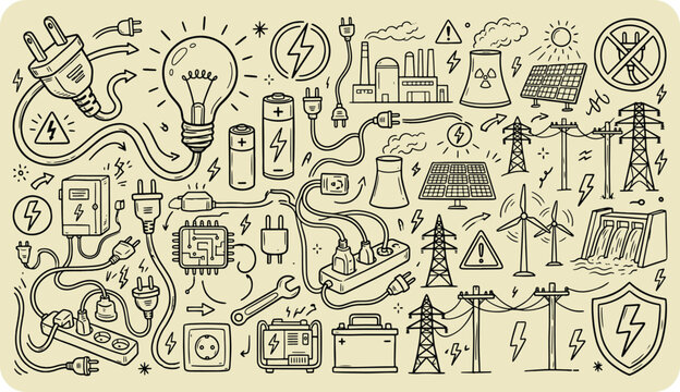 Electric energy and power industry concept doodle set with hand drawn electricity industry electrical lightbulb technology infrastructure generator transmission sustainable renewable