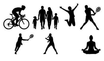 Obraz premium Active lifestyle silhouettes vector collection featuring family walking, cycling, jumping, tennis players, and yoga meditation icon isolated on white background for sports design.