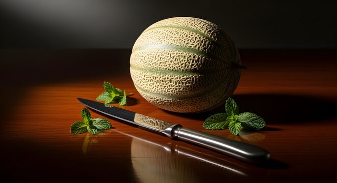 Fresh Cantaloupe Melon with Knife and Mint Leaves on Wooden Table.