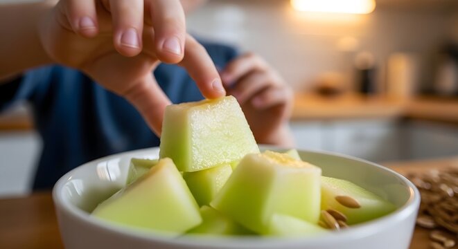 Childs hand reaching for a piece of fresh honeydew melon in a white bowl, healthy snack.