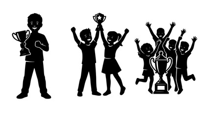 Successful school children silhouettes holding trophy cups together celebrating academic or sports tournament victory with team spirit and pure happiness concept