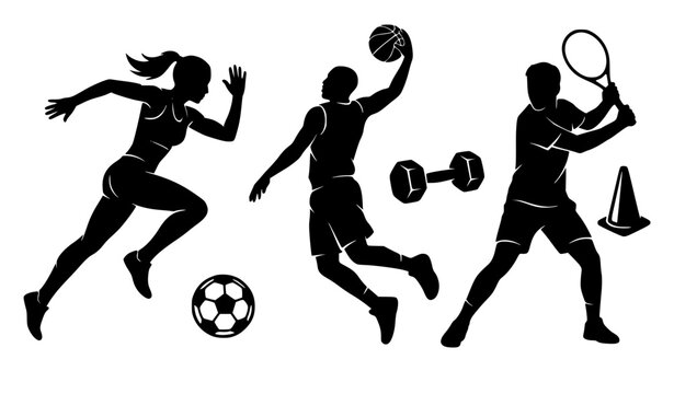 Dynamic sports athletes silhouettes set featuring female sprinter running next to soccer ball jumping basketball player and tennis player swinging racket with equipment