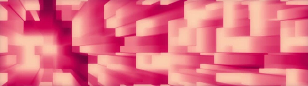 Abstract moving geometric shapes creating dynamic pattern background with vibrant shades of pink and red.