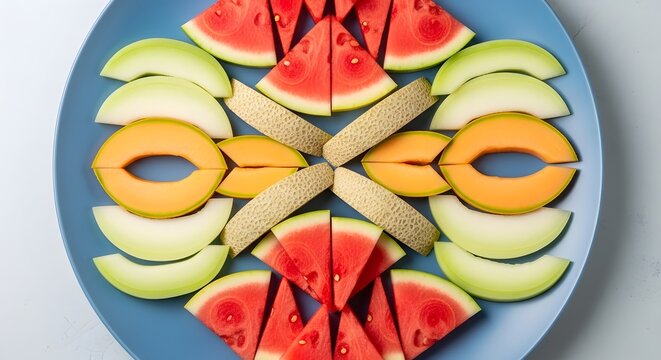 Colorful Fruit Platter with Watermelon, Cantaloupe, and Honeydew Melon Slices.
