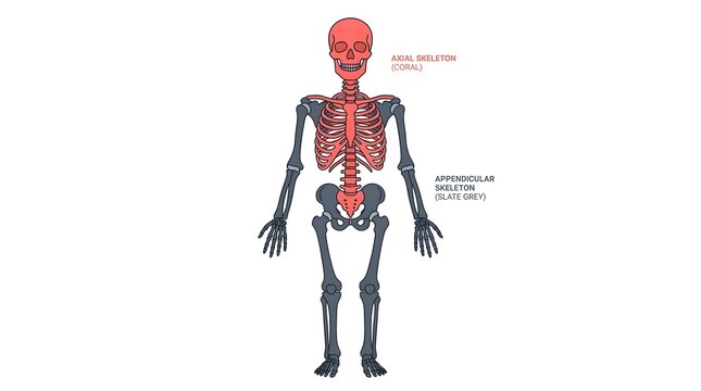 Diagram of the human skeleton highlighting the axial skeleton in red and the appendicular skeleton in grey.