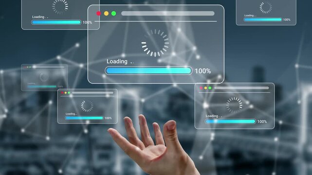 Hand Reaching for Loading Data in Modern Digital Environment with Progress Bars and Background of Cityscape Representing Technology and Connectivity Gluon.