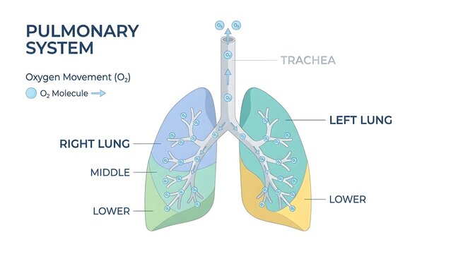 Medical diagram of the human pulmonary system showing oxygen movement through the trachea and lungs.