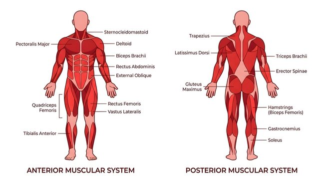 Anterior and posterior views of the human muscular system diagram with muscle labels.