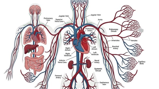 Detailed medical illustration of the human circulatory system showing blood flow, heart, arteries, and veins with labels.