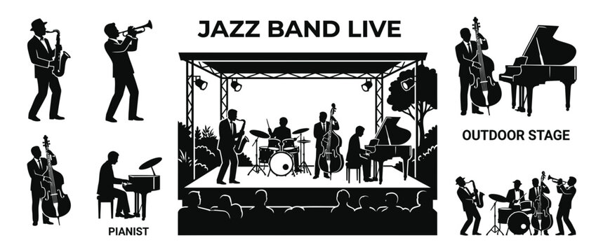 Silhouette Jazz Band Performing Live on Outdoor Stage