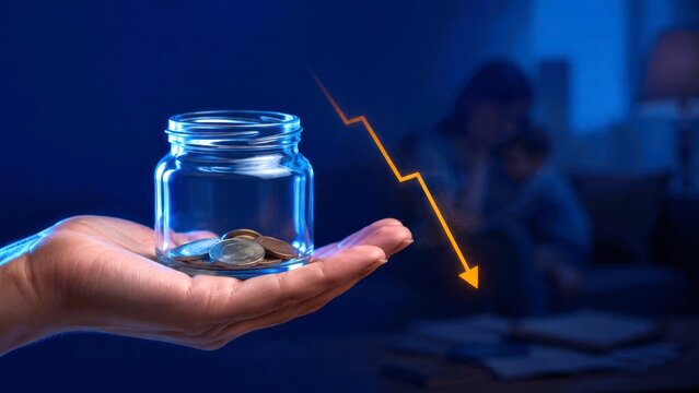 Hand holding glass jar with coin and falling finance arrow in dark household scene