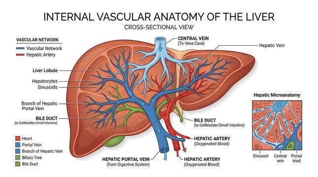 Medical illustration of the internal vascular anatomy of the human liver showing a cross-sectional view with labeled veins and arteries.