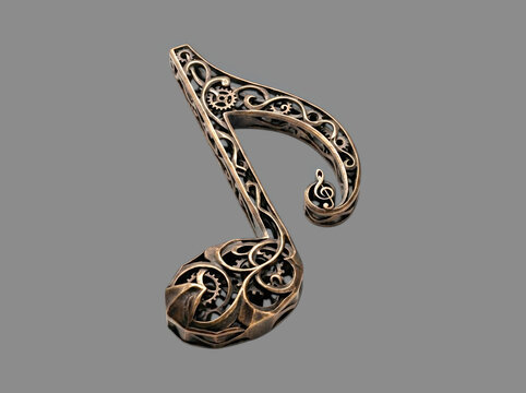 Intricate musical note sculpture with ornate steampunk metal filigree patterns isolated on a grey background