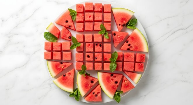 Fresh Watermelon Slices and Cubes with Mint Leaves on White Marble.