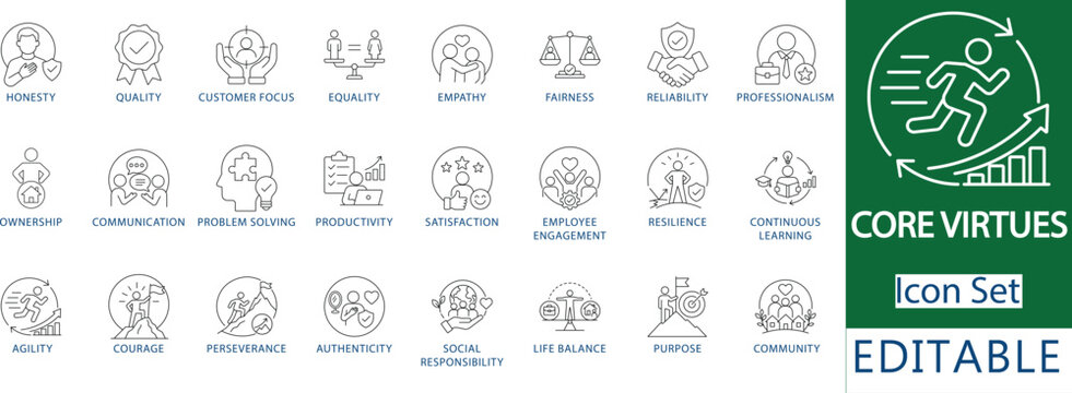 core virtues and corporate values line icon set featuring business ethics, integrity, trust, empathy, teamwork, leadership, and moral principles UI interface icons.