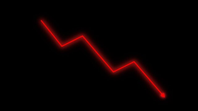 Red glowing neon line graph drawing downward trend on a black background representing financial market crash and economic recession.