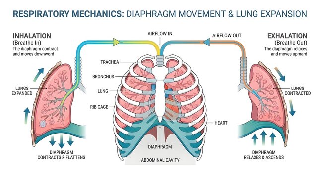Respiratory Mechanics Diagram Illustrating Diaphragm Movement and Lung Expansion During Breathing.