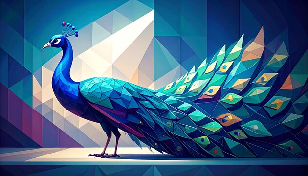 Peacock illustration with abstract geometry. Artistic bird design with modern polygon shapes.