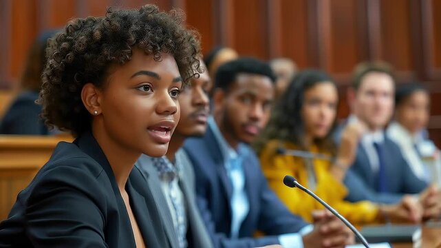 Young woman speaking at a formal panel hearing