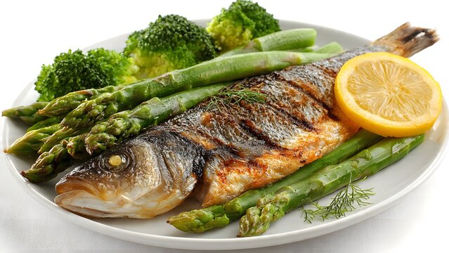 Grilled fish fillet with asparagus and lemon on white plate.