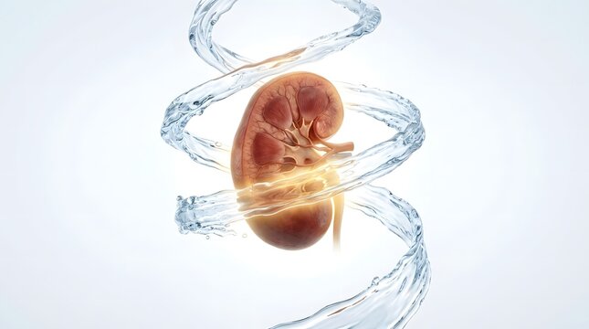 Healthy human kidney with a dynamic water splash, representing vital organ function and hydration.