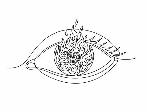 Abstract single line drawing of an eye with a fiery iris, symbolizing passion and intense vision, set against a clean white background.