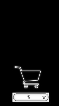 Vertical animation of a glowing white neon shopping cart icon rolling in, followed by a promotional button displaying percent off and buy now text on a black background