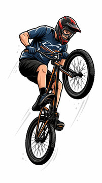 A digital illustration of a male bicyclist performing a freestyle trick on a black BMX bike against a clean white background.
