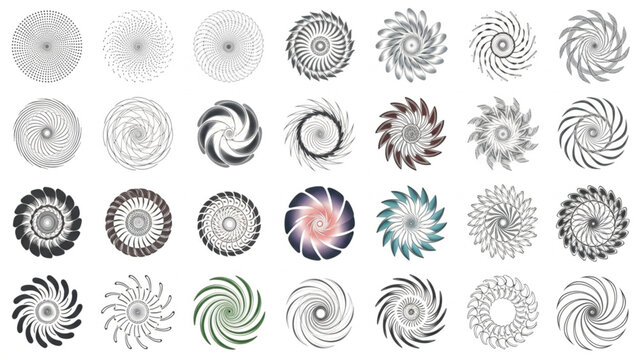 Geometric spiral mandala collection, 28 abstract circular vortex icons, monochrome and colored radial sunburst vector set for logo design