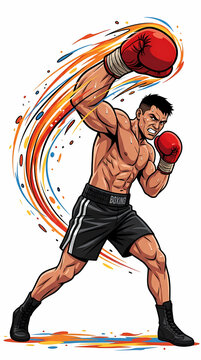 A muscular male boxer delivering a powerful overhead punch with colorful motion trails.