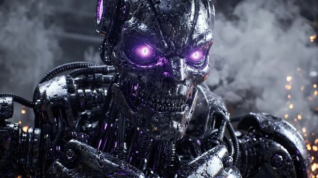 Futuristic Robot with Glowing Purple Eyes - Close-up of a menacing, futuristic robot with a metallic, skeletal face and glowing purple eyes.