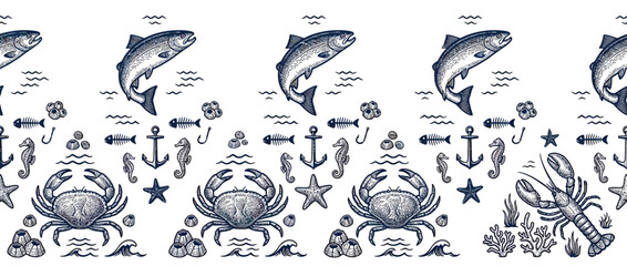 Nautical Marine Life Border with Fish, Crab, Lobster © melia