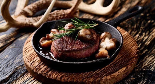 Seared venison steak in a small black cast iron skillet with whole roasted garlic cloves and a sprig of fresh rosemary, resting on a circular wooden trivet