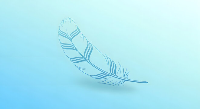 A single, light blue feather with intricate details floats gracefully against a soft, gradient blue background, evoking a sense of lightness and tranquility.