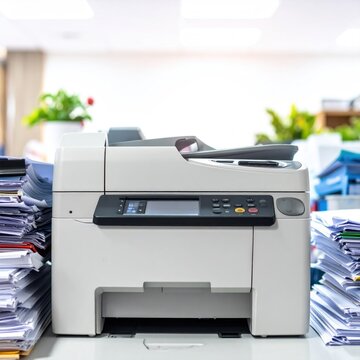 A white printer sits amidst stacks of documents on a desk with plants in the background