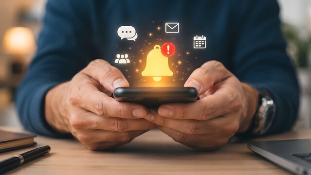 Man at desk holding smartphone with glowing yellow notification bell alert popping up, indicating new messages and calendar reminders.