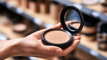 Fototapeta premium Close up of hand holding compact powder with mirror