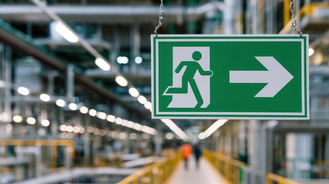Green exit sign in a factory