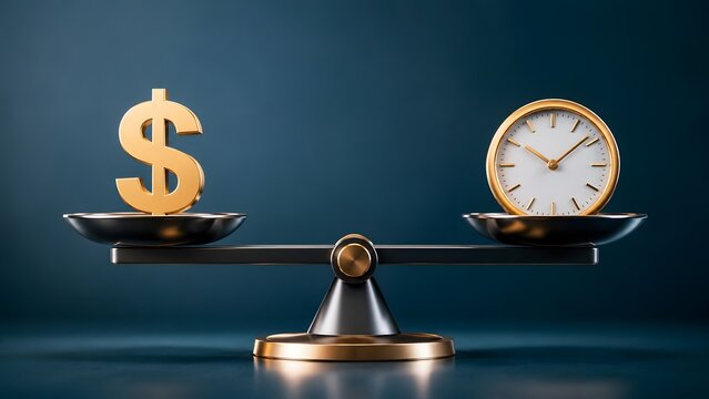 Golden dollar sign and an elegant clock perfectly balanced on a scale representing the concept of time is money and financial equilibrium.