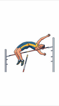 An athlete performing a high jump technique over a horizontal bar during competition.